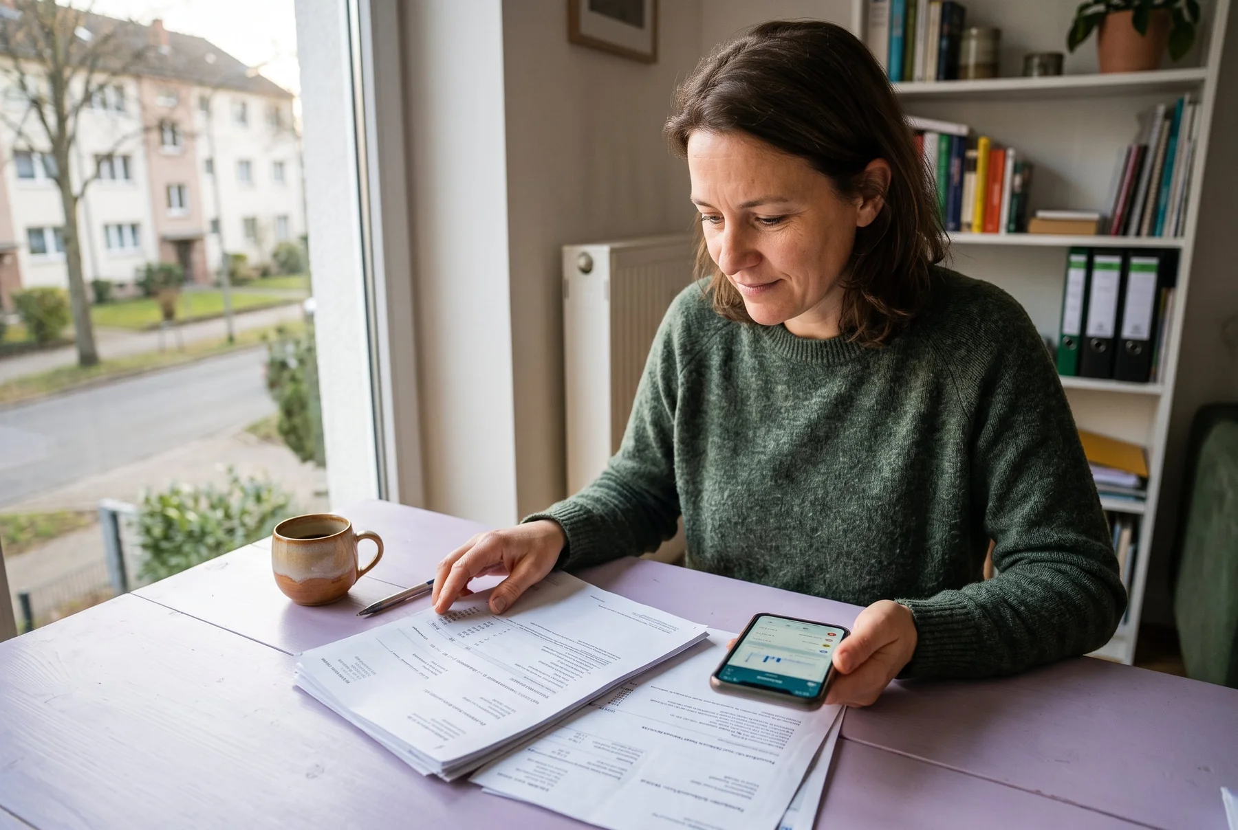 Eine Person ordnet Rechnungen neben Smartphone und Notizbuch.