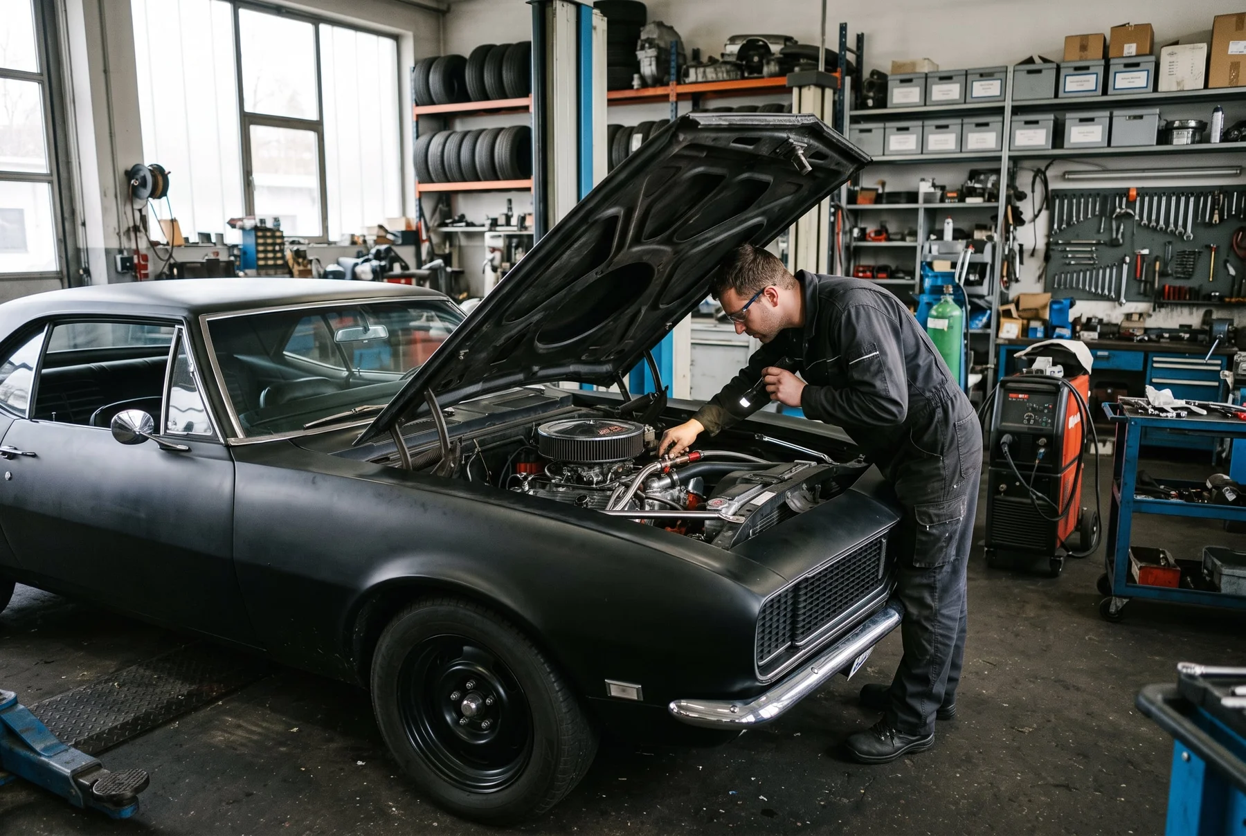 Ein Mechaniker prüft den Motorraum eines Fahrzeugs in einer Werkstatt.